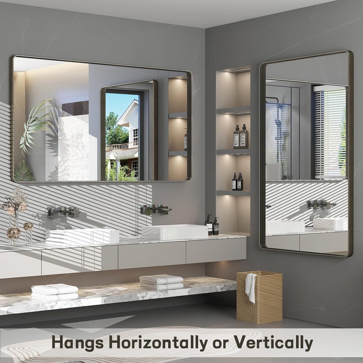 48x32 Bronze Framed Bathroom Mirror, Brushed Bronze Metal Vanity Mirror, Bronze Rectangle Mirror for Wall, Rounded Corner, Tempered Glass, Anti-Rust, Shatterproof (Horizontal/Vertical)