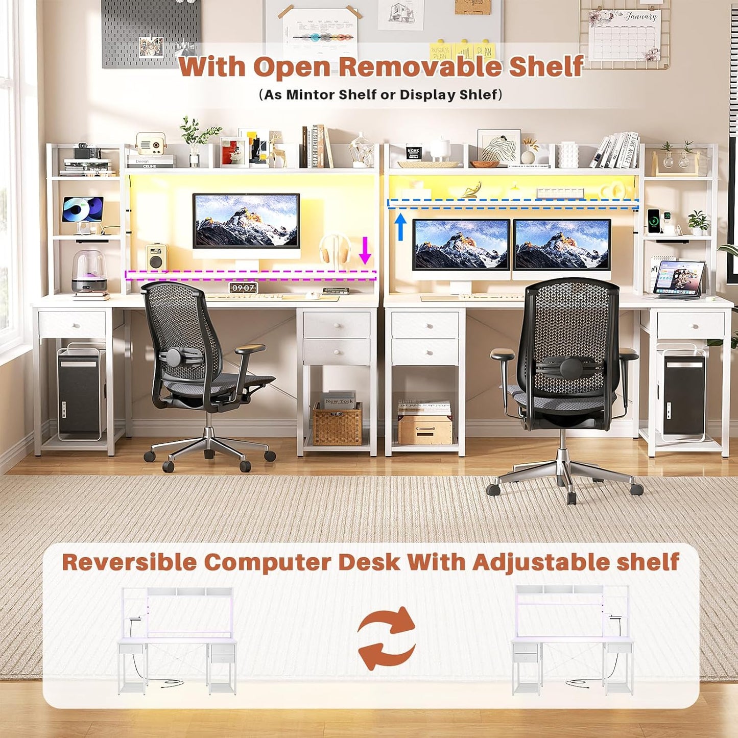 Aheaplus LED Gaming Desk with Hutch, 55.2" Workstation - White