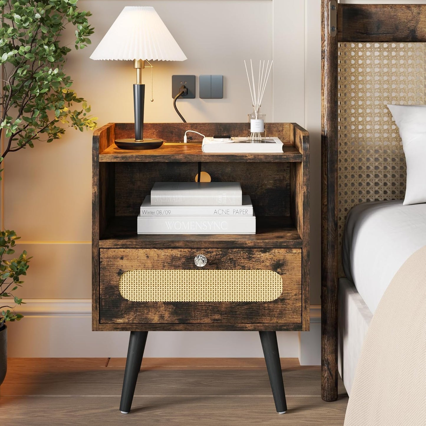 Nightstands/Beside Table Set of 2 with Charging Station, End Table with Diamond Handle and Rattan-Style Drawer, Rustic Brown