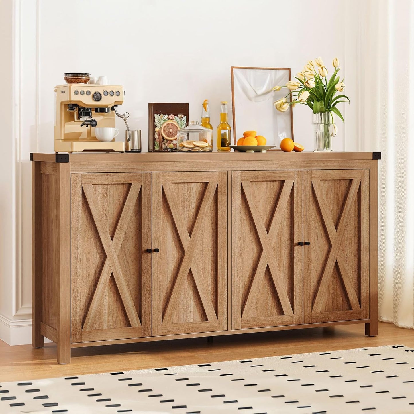 DWVO 55'' Sideboard Buffet Cabinet with Storage, Farmhouse Kitchen Storage Cabinet with Doors, Large Coffee Bar Cabinets with Adjustable Shelves for Kitchen, Living Room, Oak