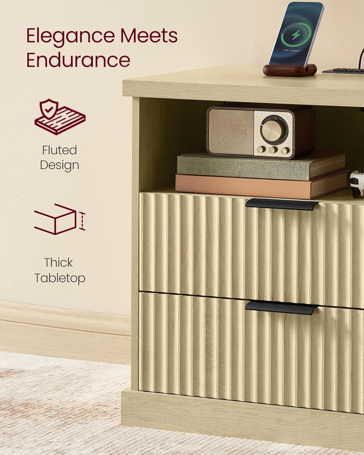 VASAGLE MAXE Collection - Set of 2 Nightstands with Charging Station, Bedside Table, Side End Table with 2 Drawers, Open Shelf, 2 AC Outlets, 2 USB Ports, Transitional, Bedroom, Oak Beige ULET926Y01