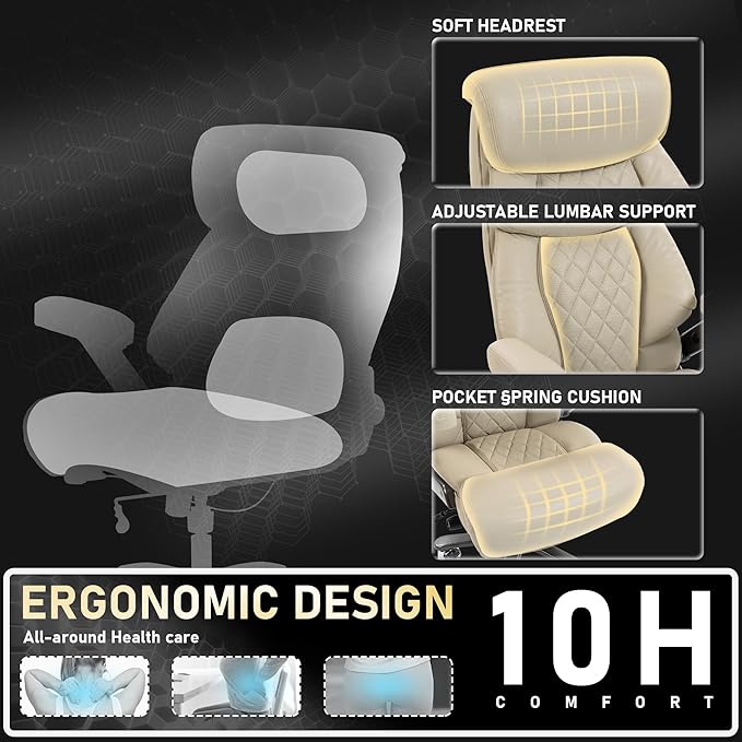 DYHOME 700LBS Heavy Duty Office Chair with 4d Armrest, Big and Tall Office Chair, Ergonomic Computer Chair with Airbag Lumbar Support, Wider Thicker Seat Cushion, PU Comfy Office Desk Chairs, Beige