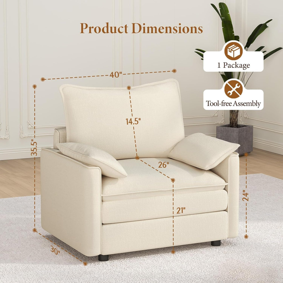 Vesgantti 40" Single Seat Sofa, Comfy Cloud Couch Deep Seat Upholstered Couch Chenille Modern Sofa with Armrest Pillow, Easy Assembly for Living Room, Bedroom and Apartment, Beige