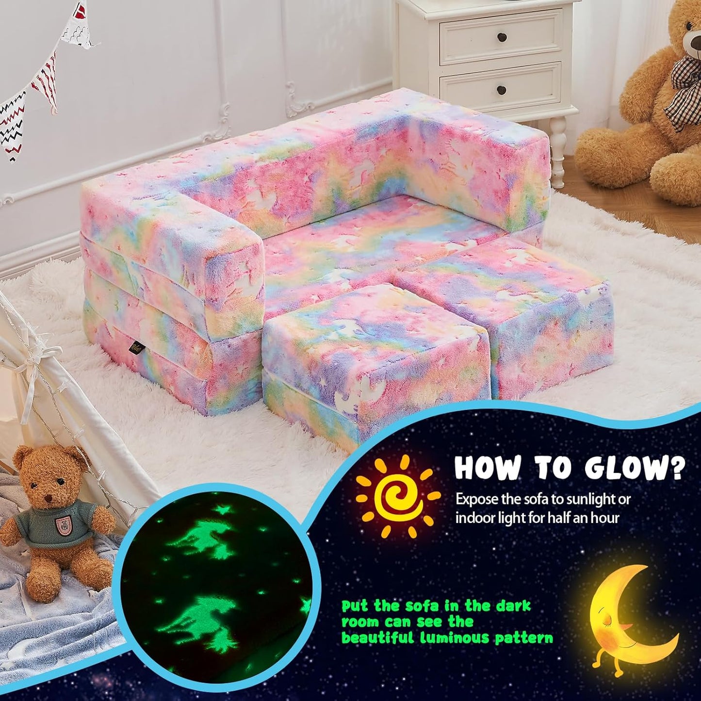 Modular Kids Couch, Glow in The Dark Sofa 3 in 1 Fold Out Kids Sofa with Washable and Durable Covers for Boys, Rainbow Unicorn