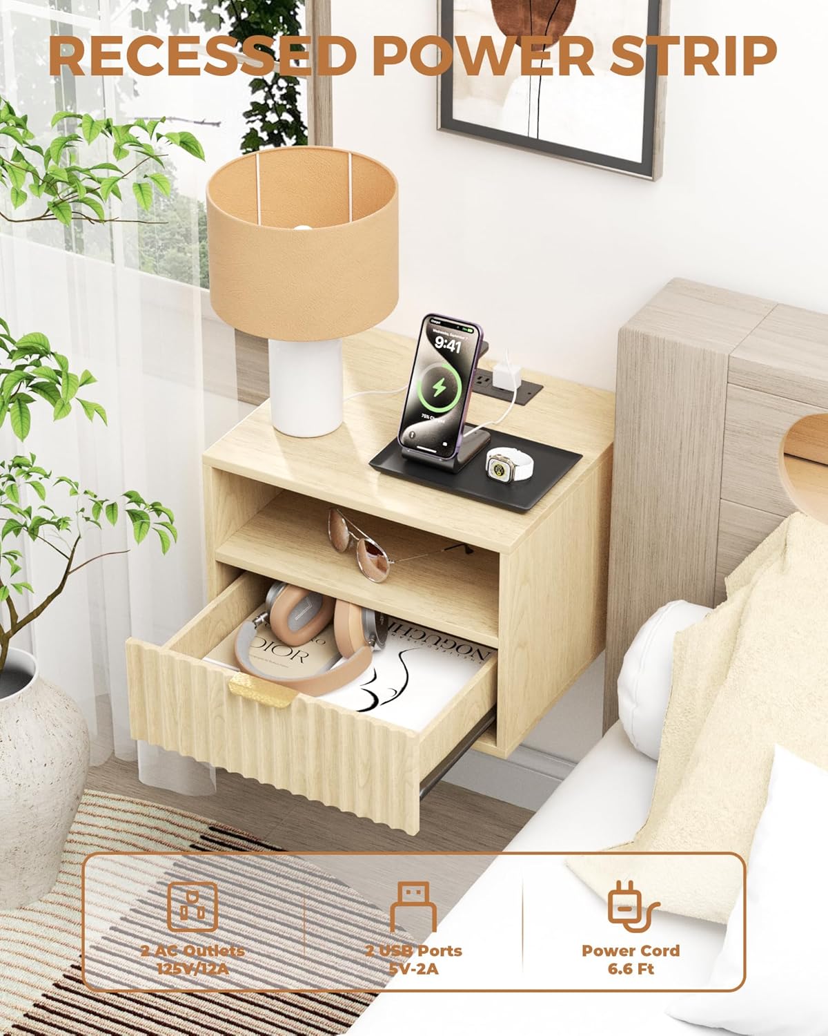 Floating Nightstand Set of 2 - Fluted Night Stand with Charging Station Wood Wall Mounted Nightstand with Drawer & Open Shelf, Modern Bedside Table Large End Table for Bedroom Closet