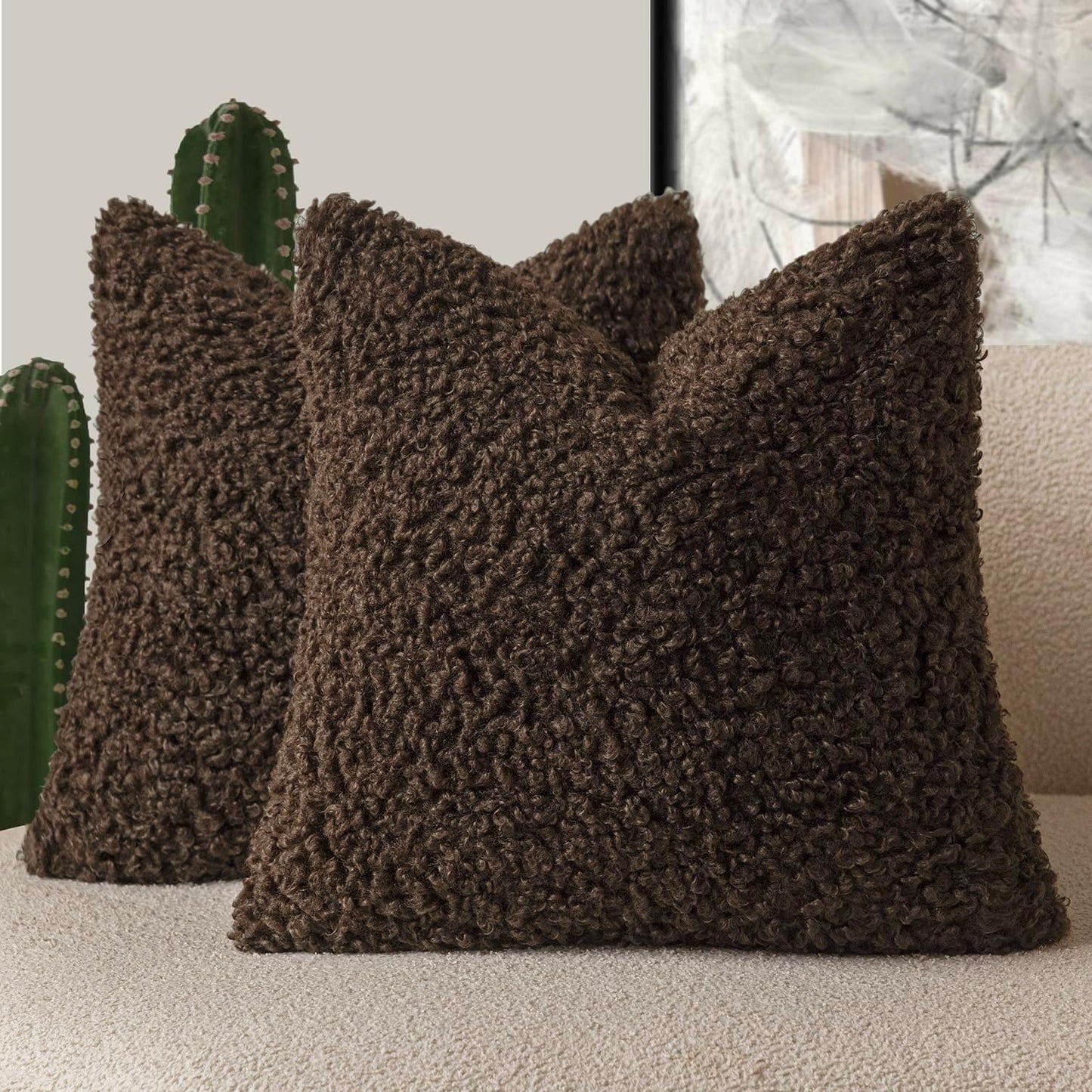 Foindtower 2 Pieces 24x24 Inch Dark Brown, Faux Fur Throw Pillow Cover Accent Sherpa Furry Pillow Covers Fuzzy Soft Pillowcases Cozy Sheepskin Decorative Fleece Cushion Case for Bed Couch Living Room