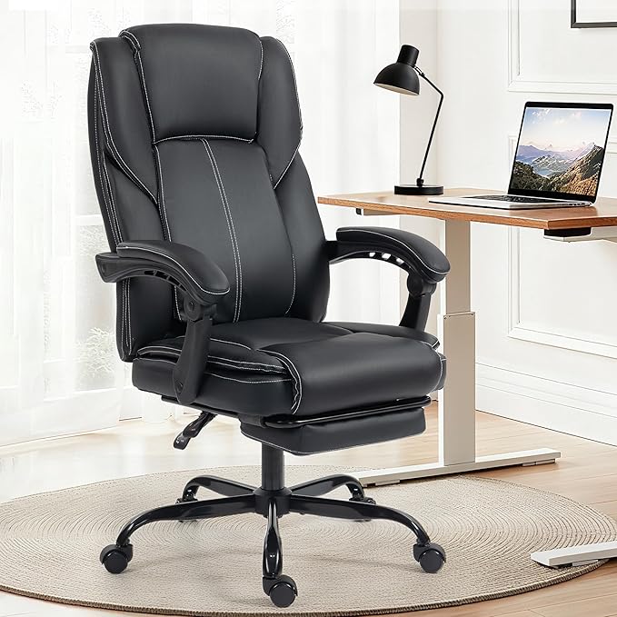 Office Chair with Footrest, Executive Breathable Leather Office Desk Chair with Lumbar Support - Ergonomic Comfy Wide Reclining Swivel Rolling Gaming Computer Chair with Adjustable 90-135° High Back