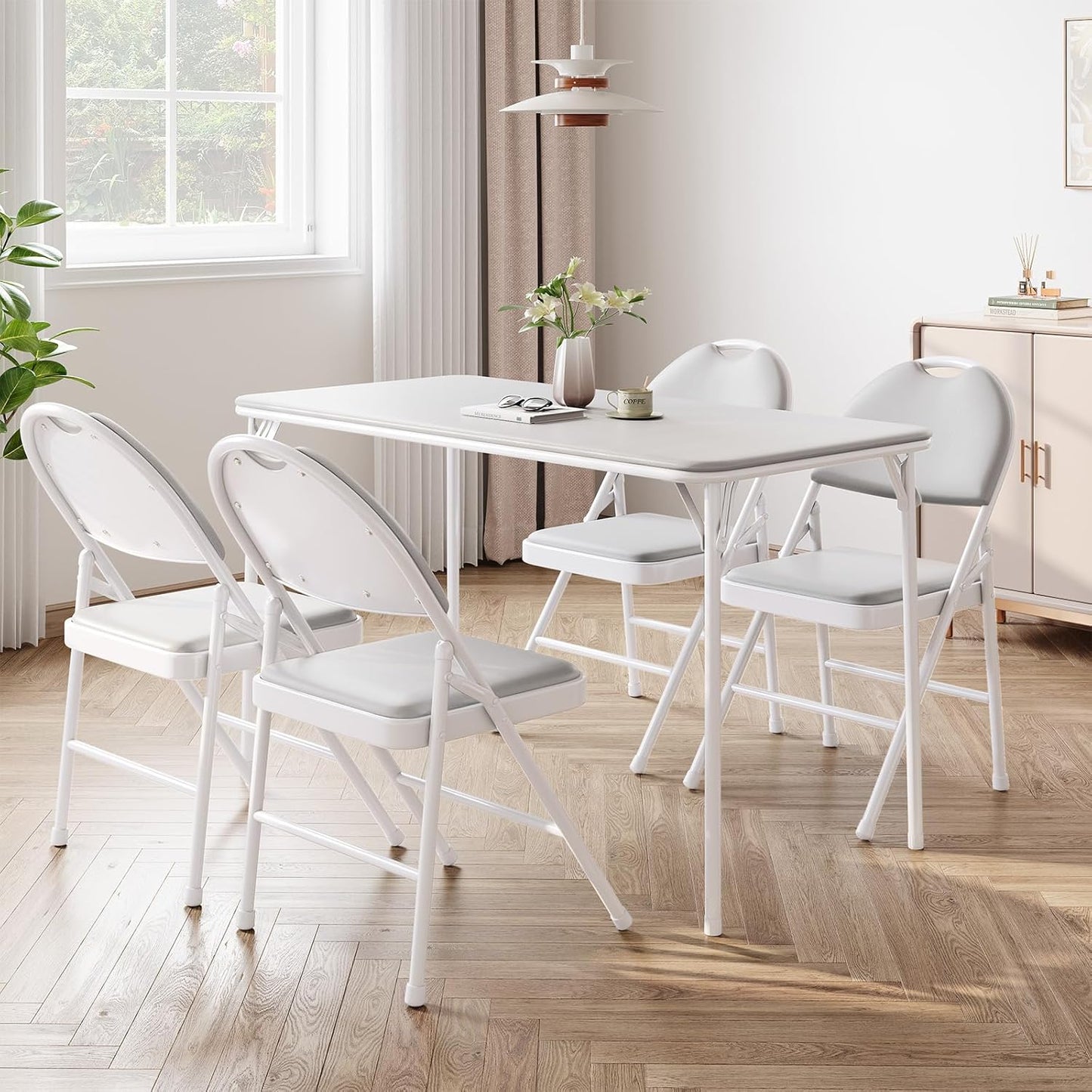 IDEALHOUSE Protable Folding Table and Chairs, 5 Piece Folding Card Table and Chairs Set, Foldable PU Upholstered Table and Chairs Set of 5, for Dining Room, Living Room, Office, Camping, Gray