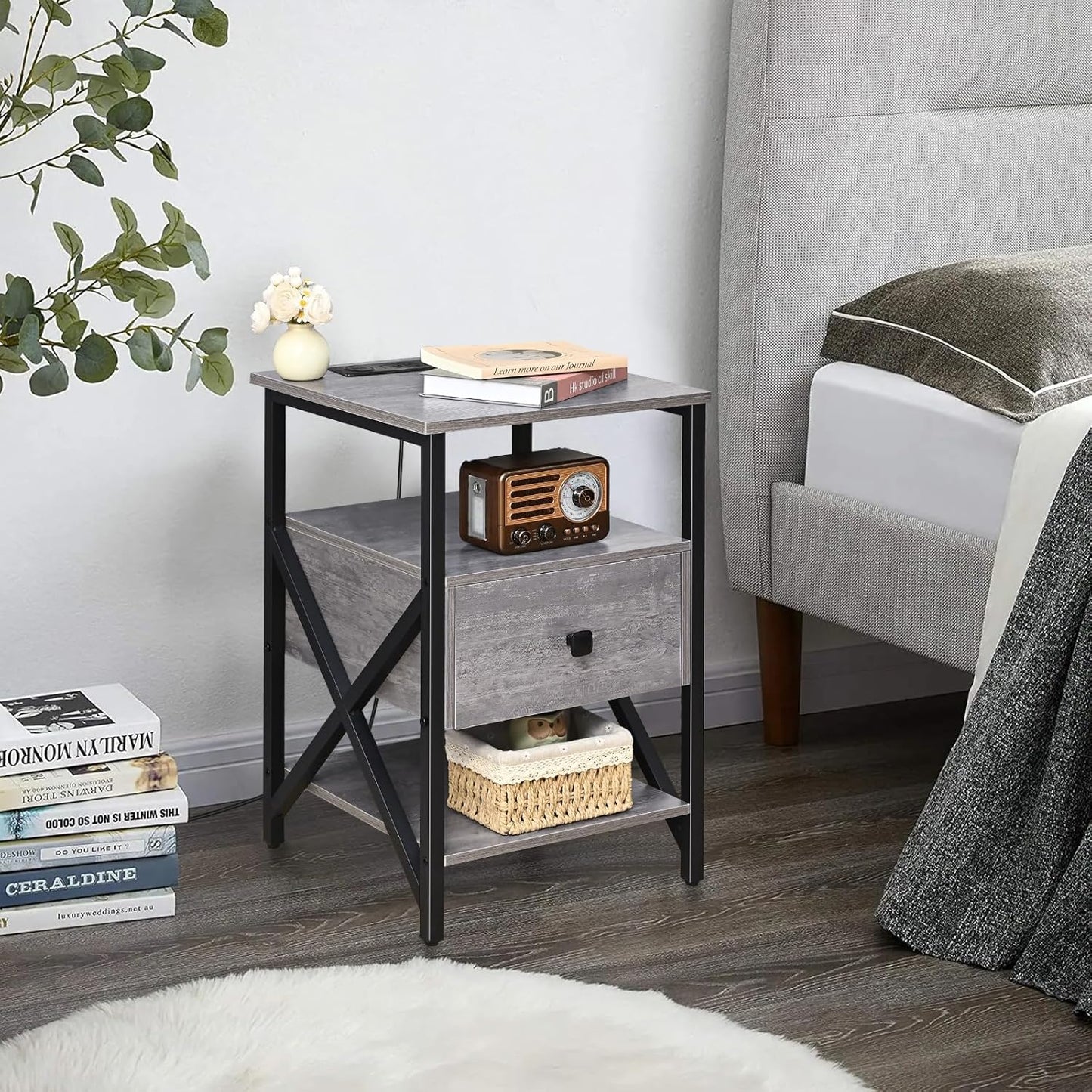 Side Tables with Wireless Charging Station, Grey End Tables Living Room with Charging, Side Tables with Wood Drawer, Night Stands with Storage for Bedroom, Bedside Tables, Living Room