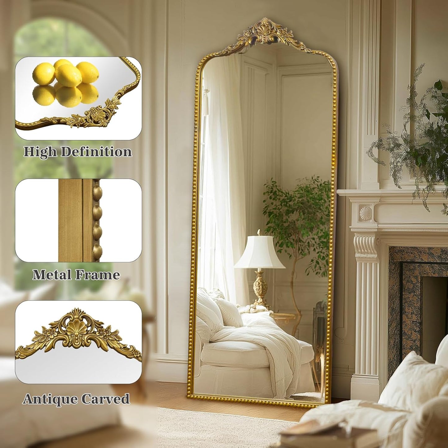 G-LEAF Vintage Baroque Full Length Floor Mirror 75"X30", Victorian Antique Mirror with Brush Gold Ornate Metal Frame for Fireplace Entryway Living Room Hallway Bathroom