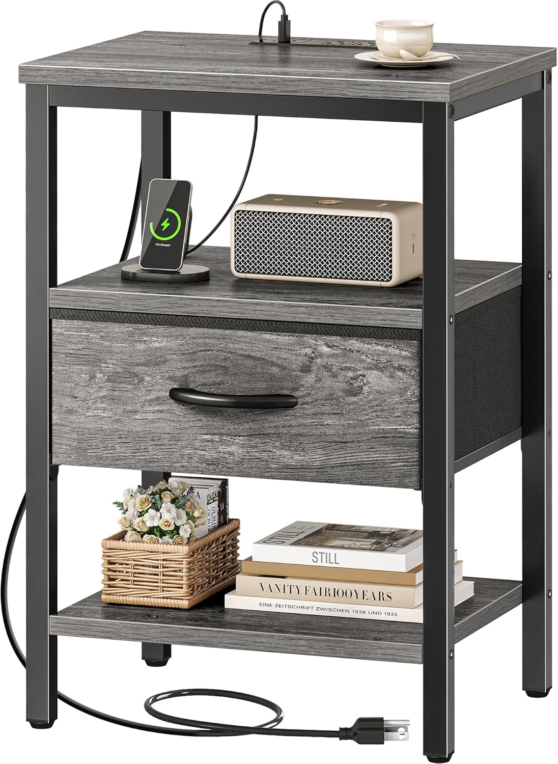 SUPERJARE Nightstand with Charging Station, Bed Side Table with Adjustable Fabric Drawer, Night Stand for Bedroom, 3-Tier Storage End Table, for Living Room, Grey