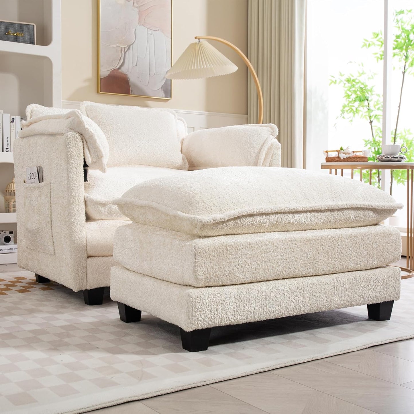 Furniliving Oversized Accent Chairs with Ottoman, Luxury Boucle Single Sofa, Upholstered Deep Seat Chaise Lounge with Pillows for Living Room, Bedroom, Apartment, Beige