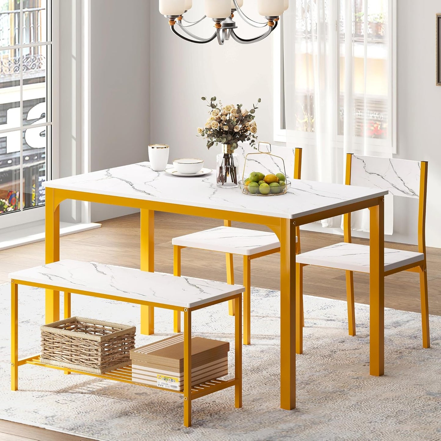 sogesfurniture 4-Piece Bench Style Dining Table Set, 4-Person Space-Saving Dinette for Kitchen，43'' Wood Kitchen Table & Chair Set for Breakfast Nook and Small Space, Glod&White
