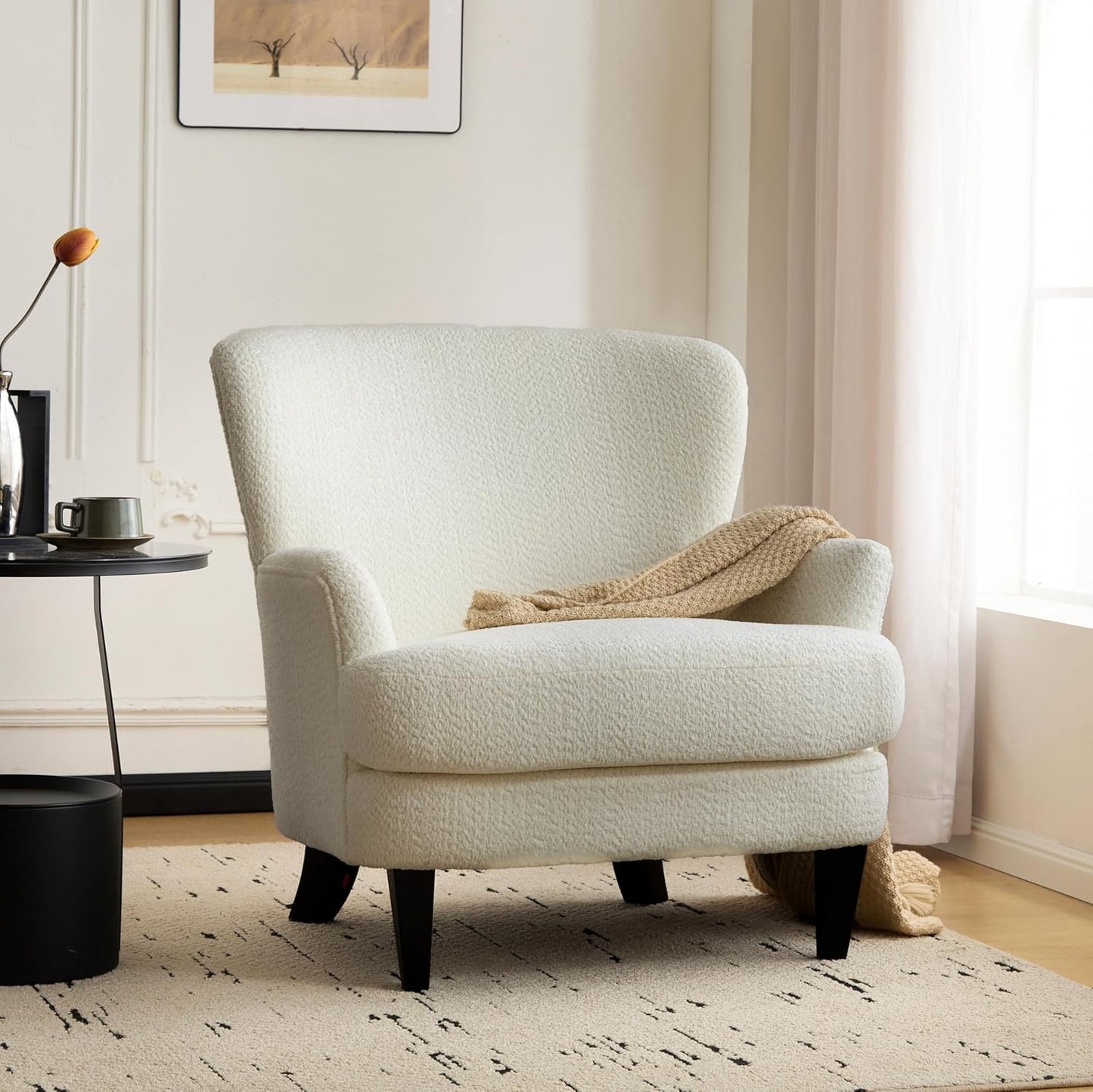 Christopher Knight Home Colby Boucle Upholstered Club Chair, Living Room Accent Chair, Wooden Frame, Flared Armrest, Plush Thick Cushion, Reading Lounge Chair, Space-Saving Furniture, Off-White+Black