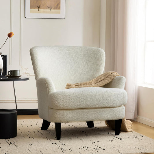 Christopher Knight Home Colby Boucle Upholstered Club Chair, Living Room Accent Chair, Wooden Frame, Flared Armrest, Plush Thick Cushion, Reading Lounge Chair, Space-Saving Furniture, Off-White+Black