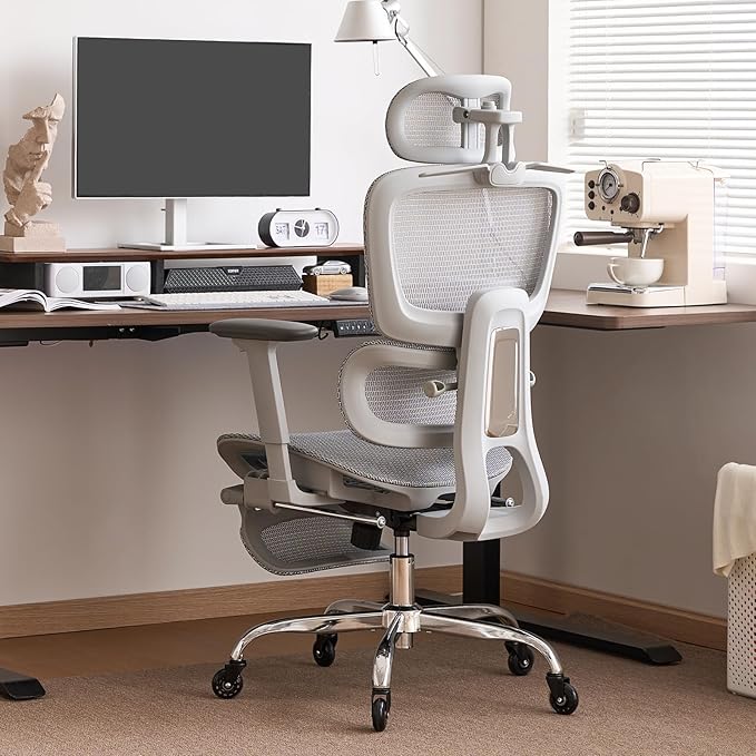 Office Chair with Footrest, Ergonomic Chair with Neck Pillow & Rubber Wheels, Computer Chair with Adjustable Backrest & 3D Armrests Headrest, Gaming Chair Adaptive Lumbar Support, Grey