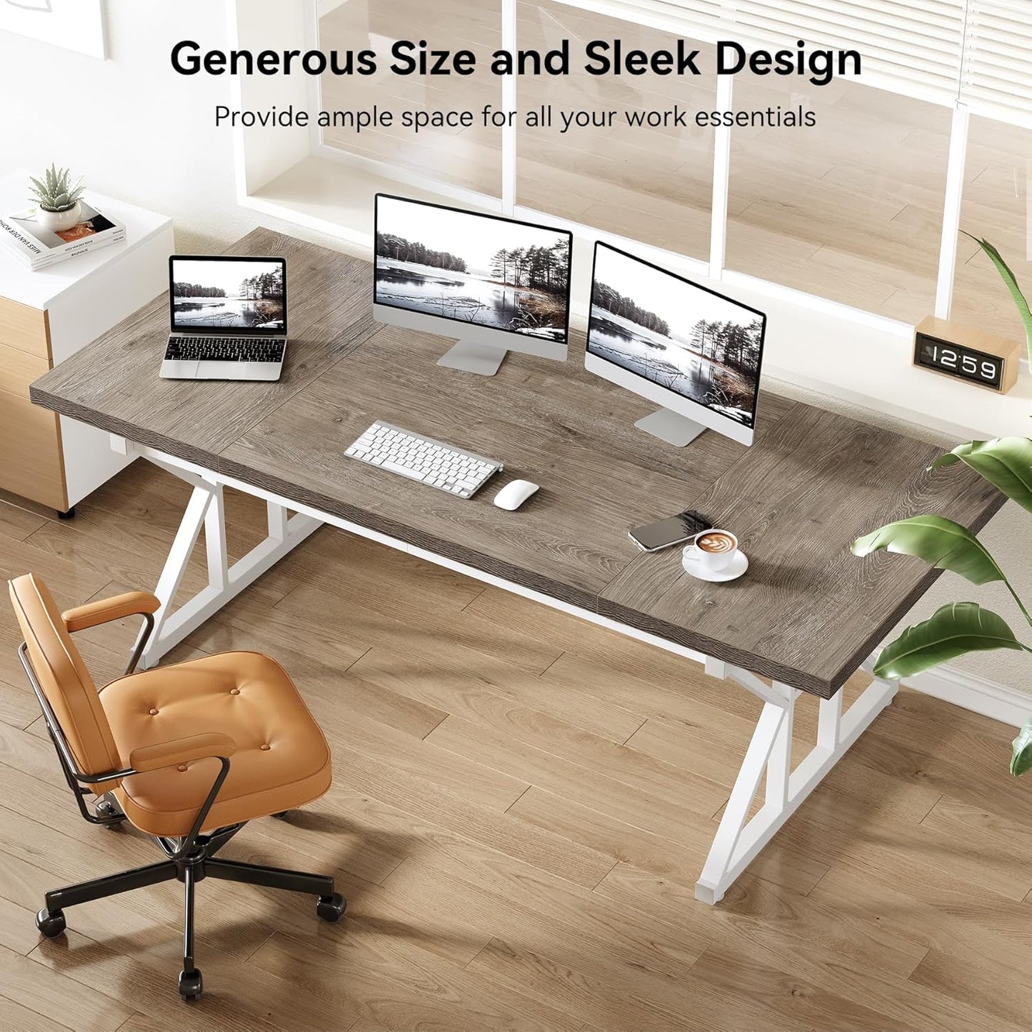 LITTLE TREE 70.8-Inch Large Executive Desk, Modern Computer Office Desk, Wooden Writing Desk Study Table for Home Office, Grey-White