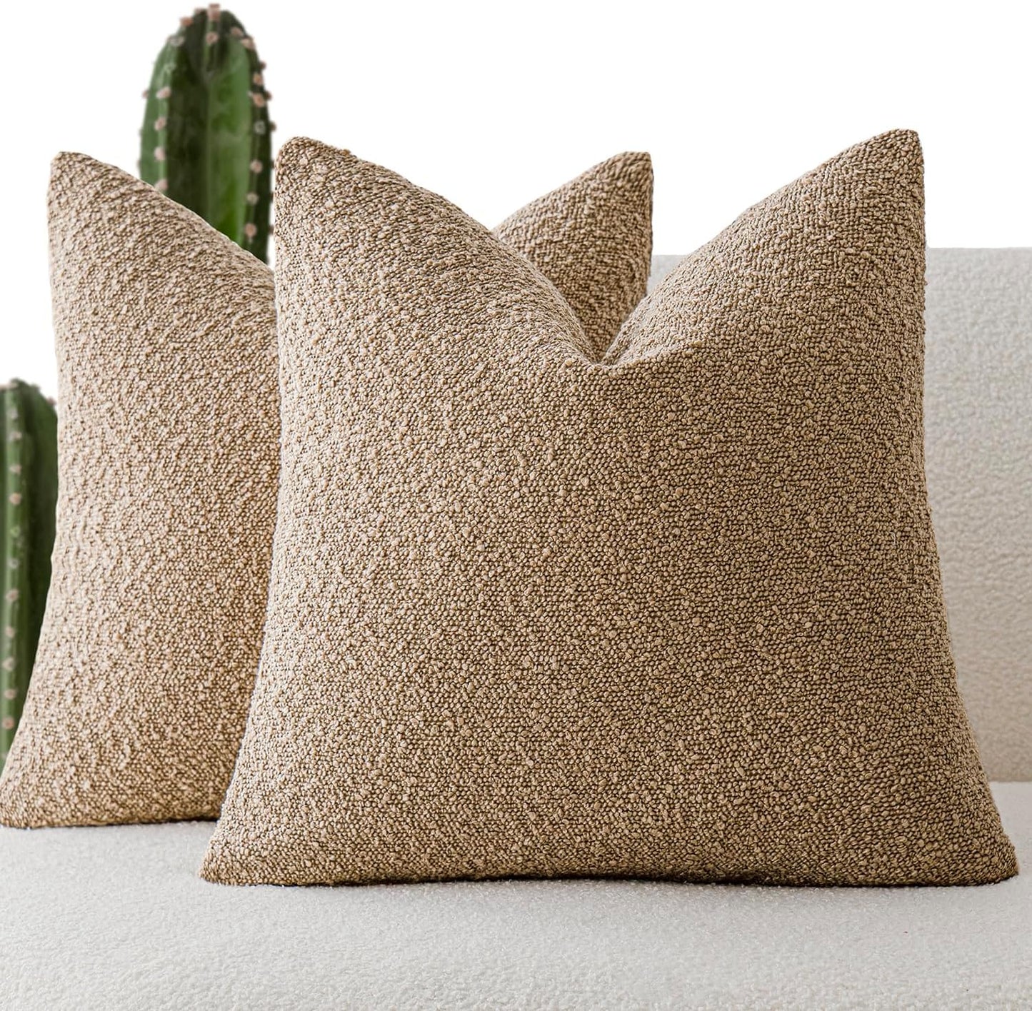 Foindtower Set of 2, Decorative Textured Boucle Throw Pillow Covers Accent Solid Pillow Cases Soft Cozy Couch Cushion Case for Chair Sofa Bedroom Living Room Home Decor 16 x 16 Inch Taupe Khaki Camel