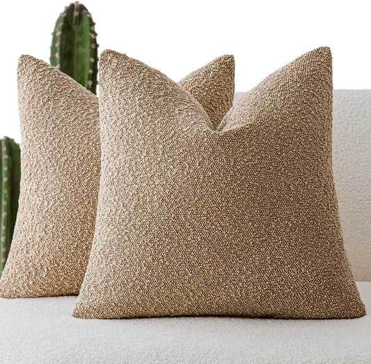 Foindtower Set of 2, Decorative Textured Boucle Throw Pillow Covers Accent Solid Pillow Cases Soft Cozy Couch Cushion Case for Chair Sofa Bedroom Living Room Home Decor 16 x 16 Inch Taupe Khaki Camel