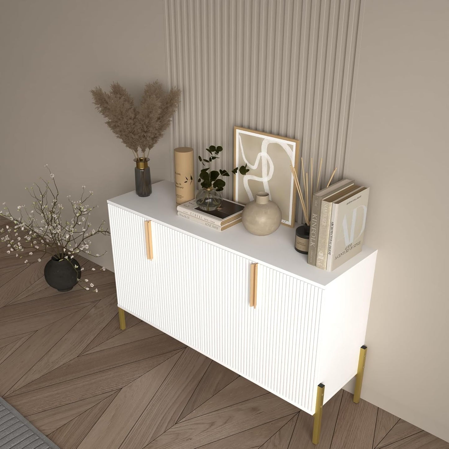 4 Doors Sideboard Buffet Cabinet with Adjustable Shelves,Modern Accent Sideboard with Golden Legs,Wide Storage Cabinet for Kitchen,Living Room,White