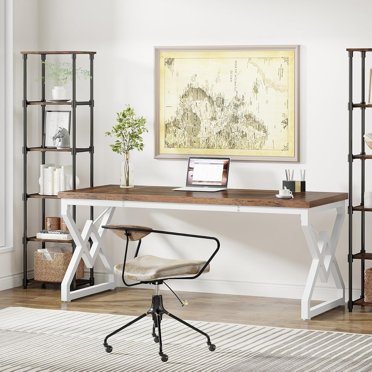 Tribesigns 63 Inch Executive Desk, Large Office Desk with Metal Frame, Ergonomic Writing Desk Computer Workstation, Modern Wood Computer Desk for Home Office, Easy Assembly (Brown+White)