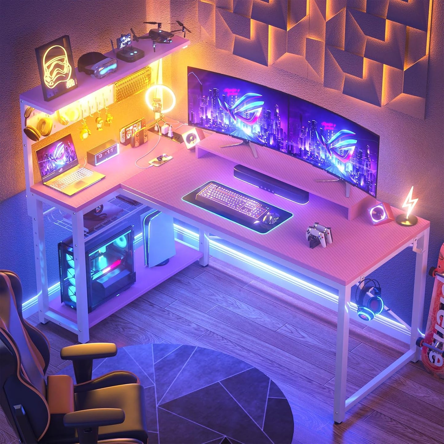 Homieasy Small Gaming Desk with Power Outlets Pegboard LED Light, 51 Inch L Shaped Computer Desk with Monitor Stand Storage Shelves, Reversible Corner Desk with Headset Hooks, Carbon Pink