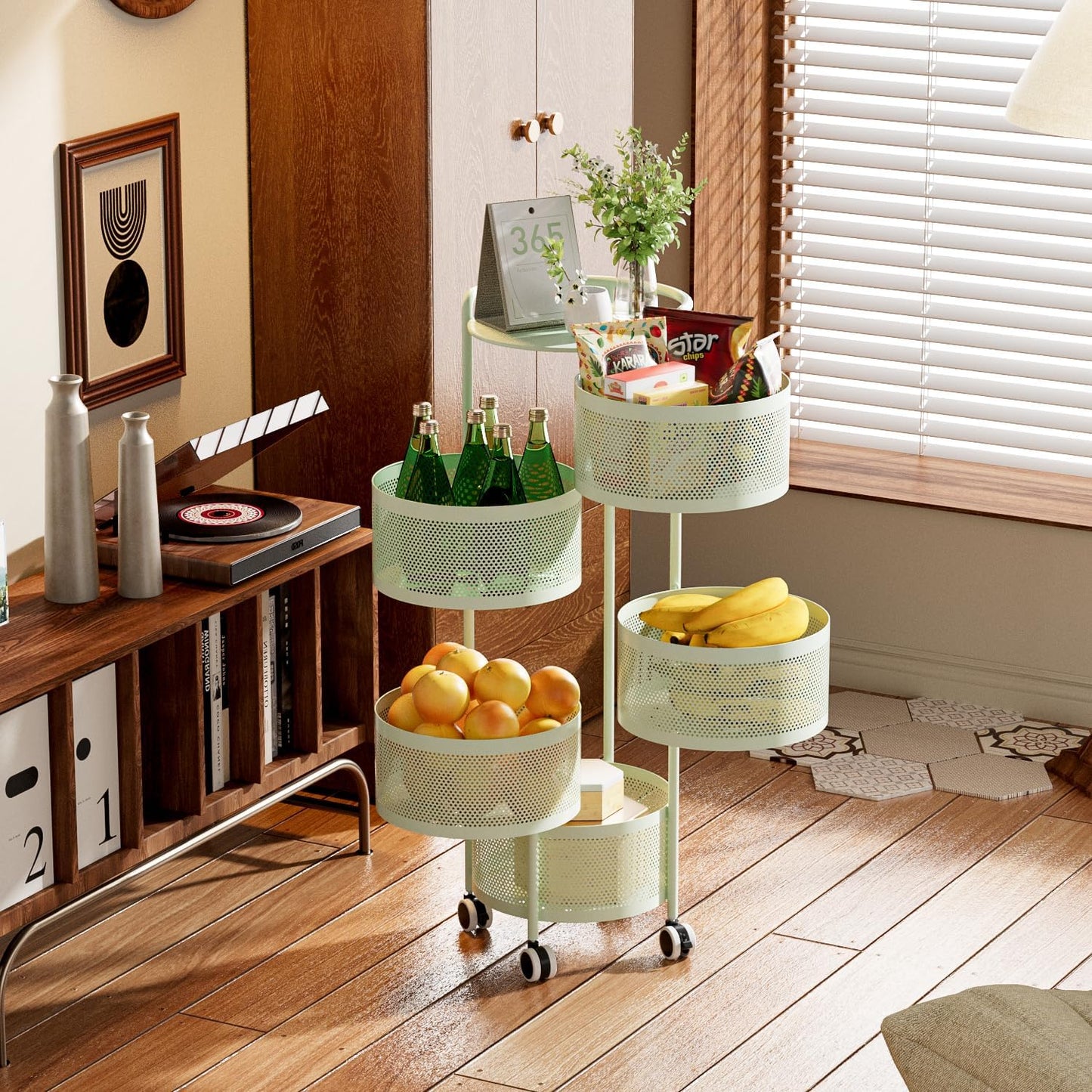 JAQ Rotating Fruit Basket, 5-Tier Metal Sturdy Kitchen Storage Rack Shelf Carts No Assembly on Rolling Wheels for Fruit Vegetable Grocery Corns Potato Onion (5-Tier, Green)