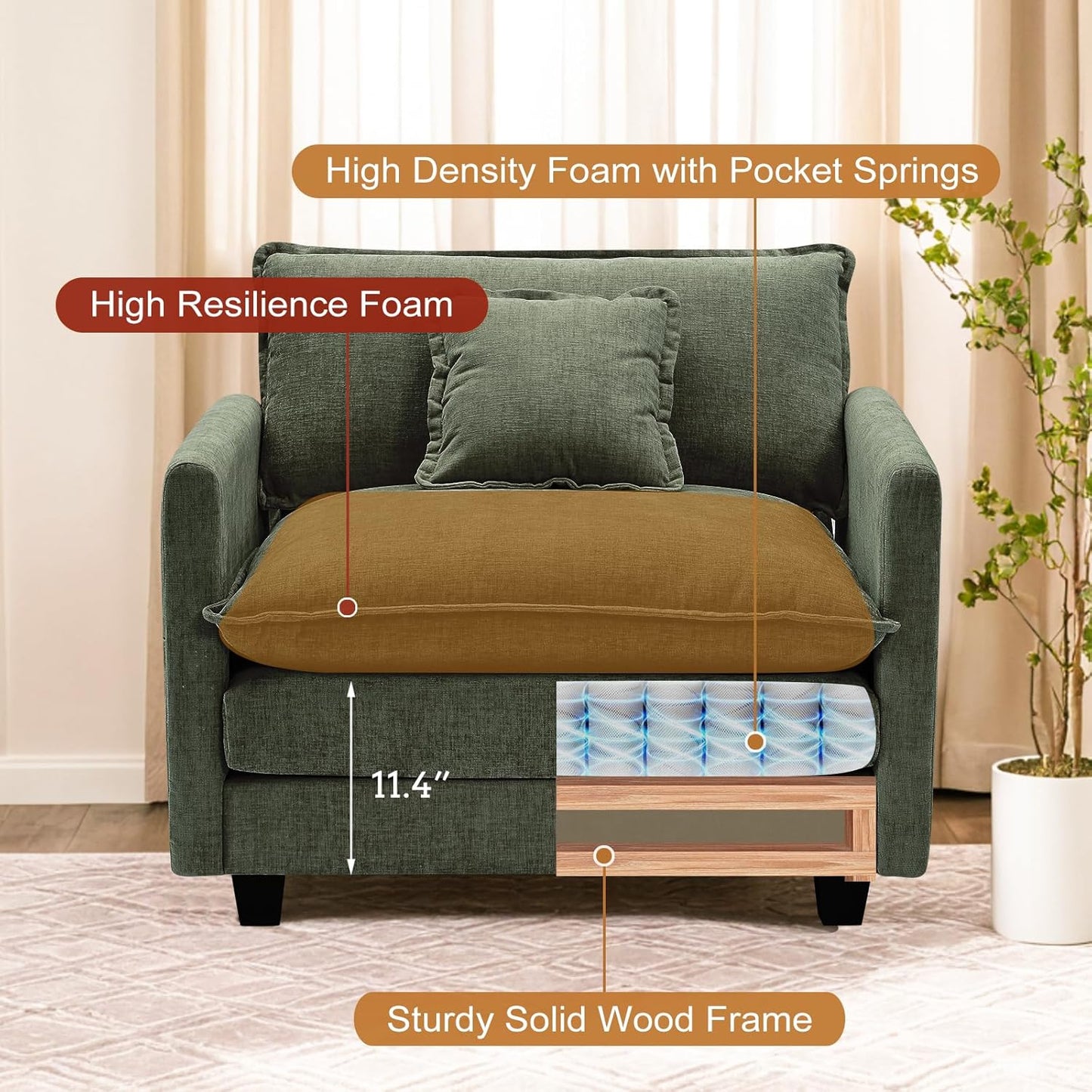 Furniliving Oversized Accent Chair with Ottoman, Luxury Chenille Single Sofa, Upholstered Deep Seat Chaise Lounge with Pillows for Living Room, Bedroom, Apartment, Green