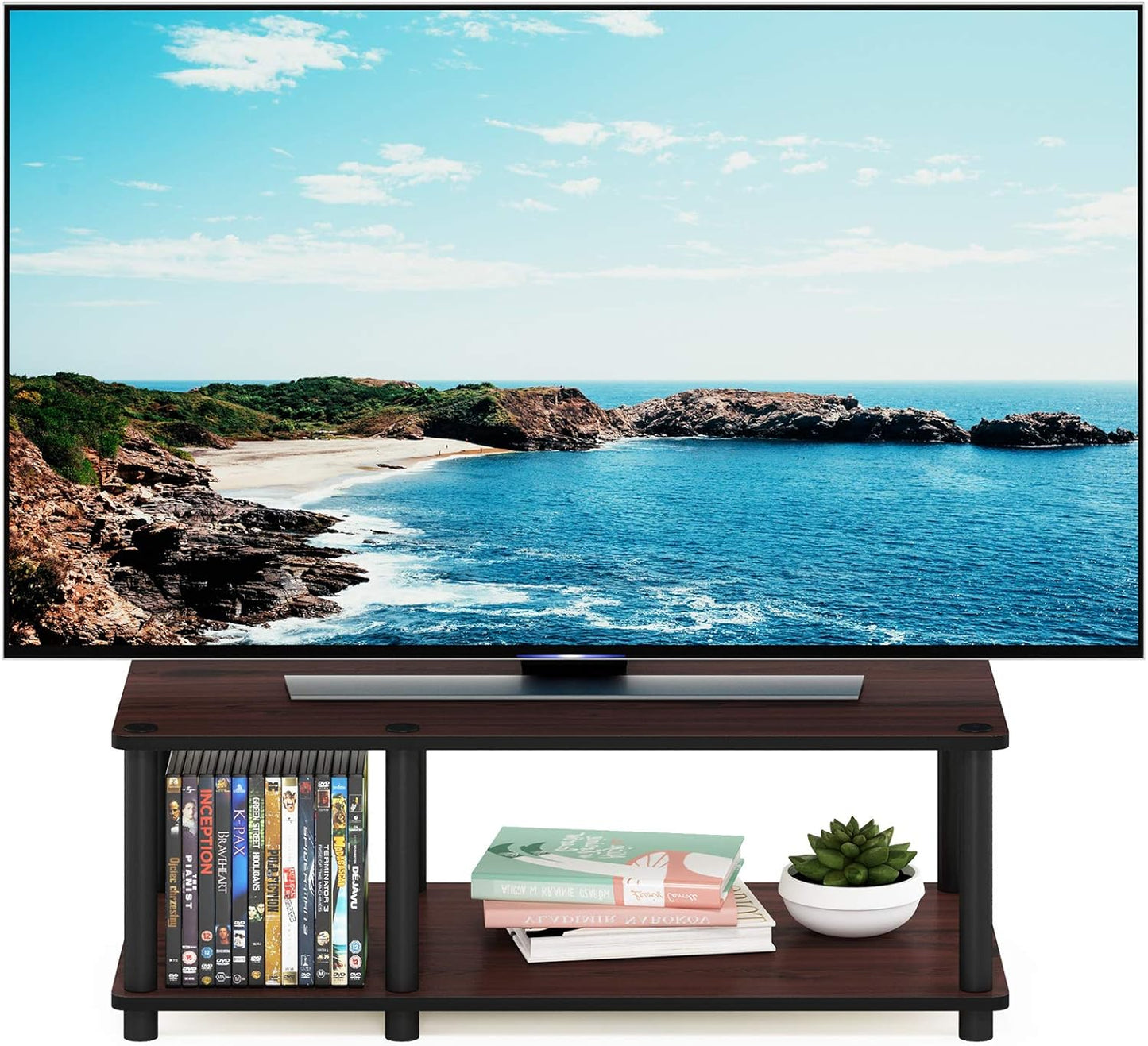 Furinno Just No Tools Dark Cherry Mid Television Stand with Black Tube