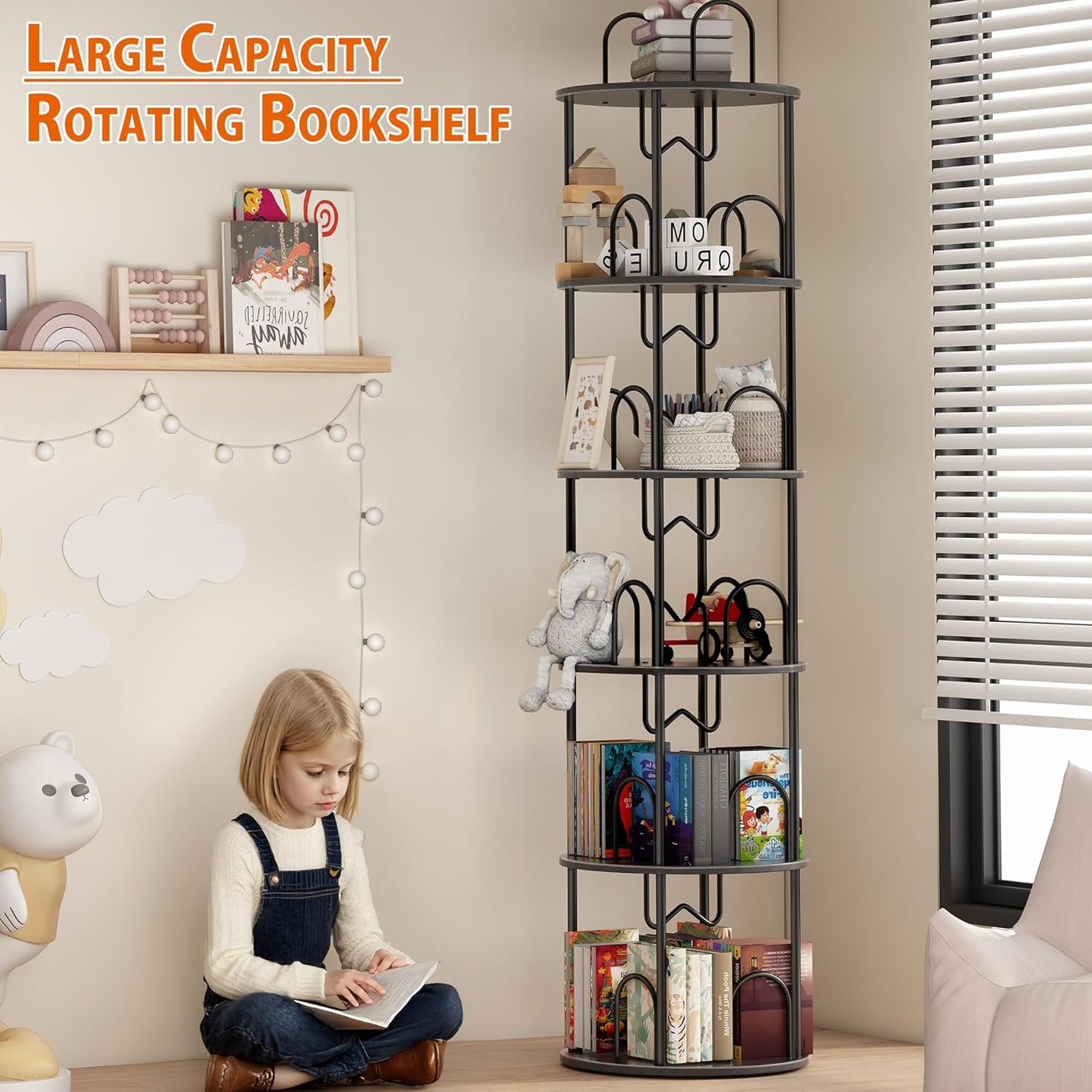 5 Tier Rotating Bookshelf, 360° Spinning Bookshelf Tower, Round Narrow Space Saving for Books and Display, Revolving Bookcase Corner Tall Book Shelf for Small Spaces, Bedroom, Living Room, Black