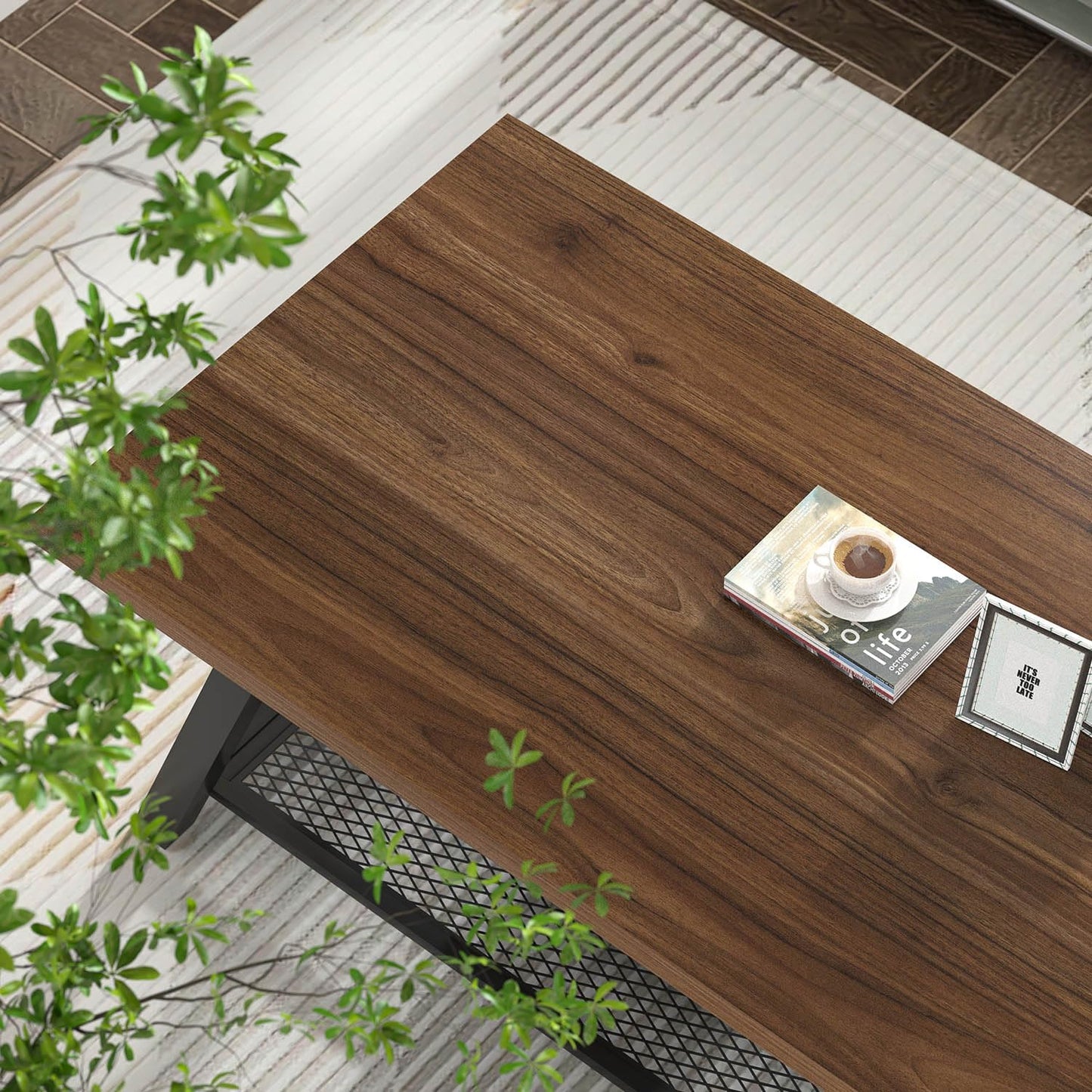FOLUBAN Modern Coffee Table, Rustic Wood and Metal Center Table with Storage, Industrial Rectangle Cocktail Tea Table for Living Room, Walnut, 47 Inch