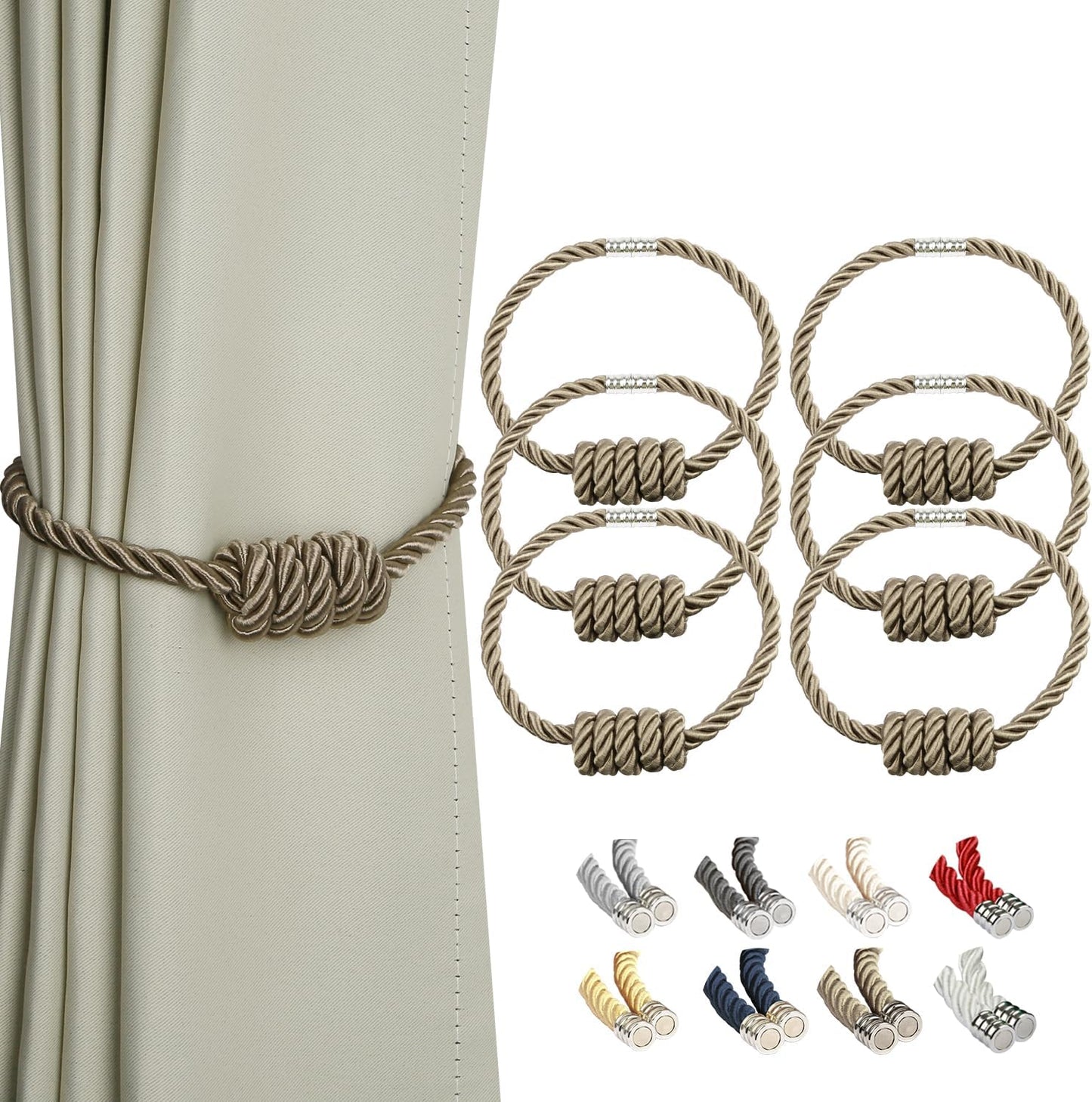 BEL AVENIR Magnetic Curtain Tiebacks, Decorative Drapery Holdbacks Modern Woven Tie-Backs with Exquisite Knot (Flaxen, 6 Pack)