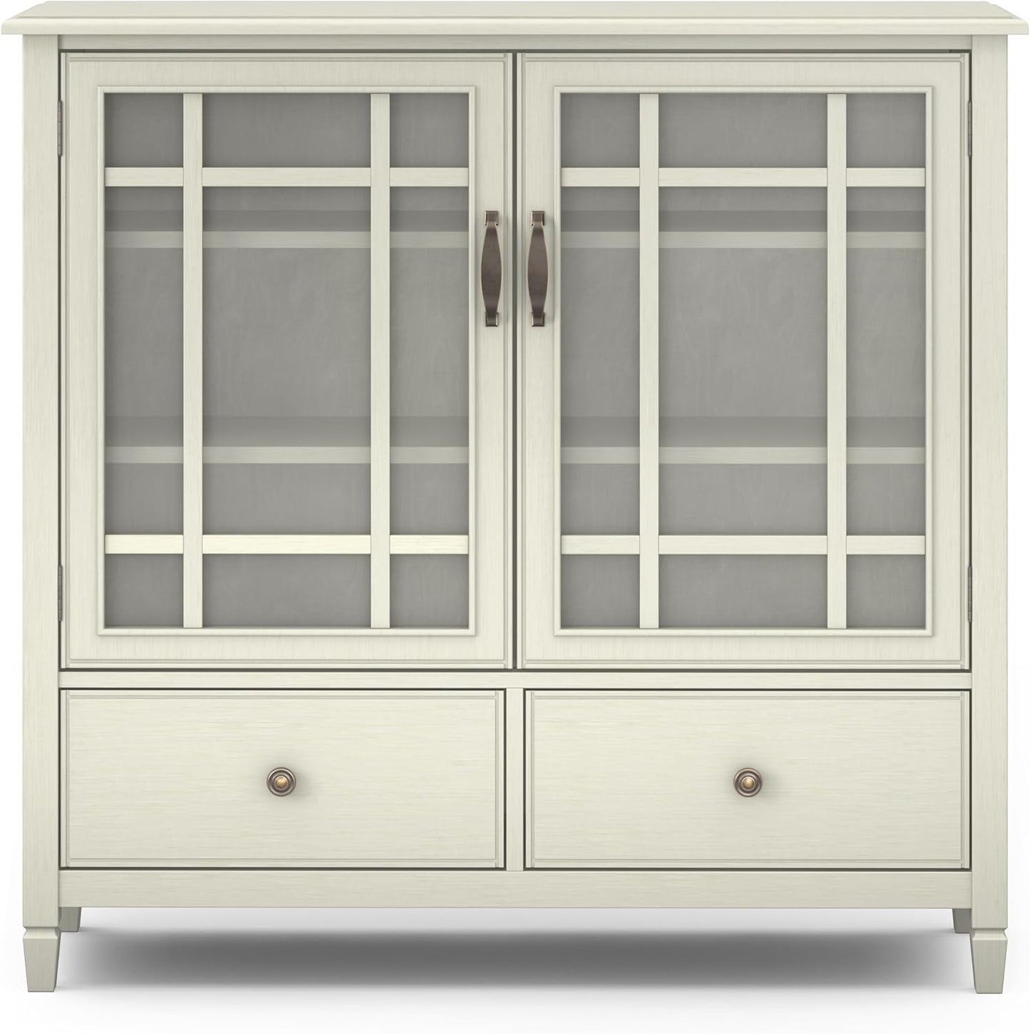 SIMPLIHOME Connaught SOLID WOOD 46 inch Wide Traditional Tall Storage Cabinet in Antique White for the Living Room, Entryway and Family Room