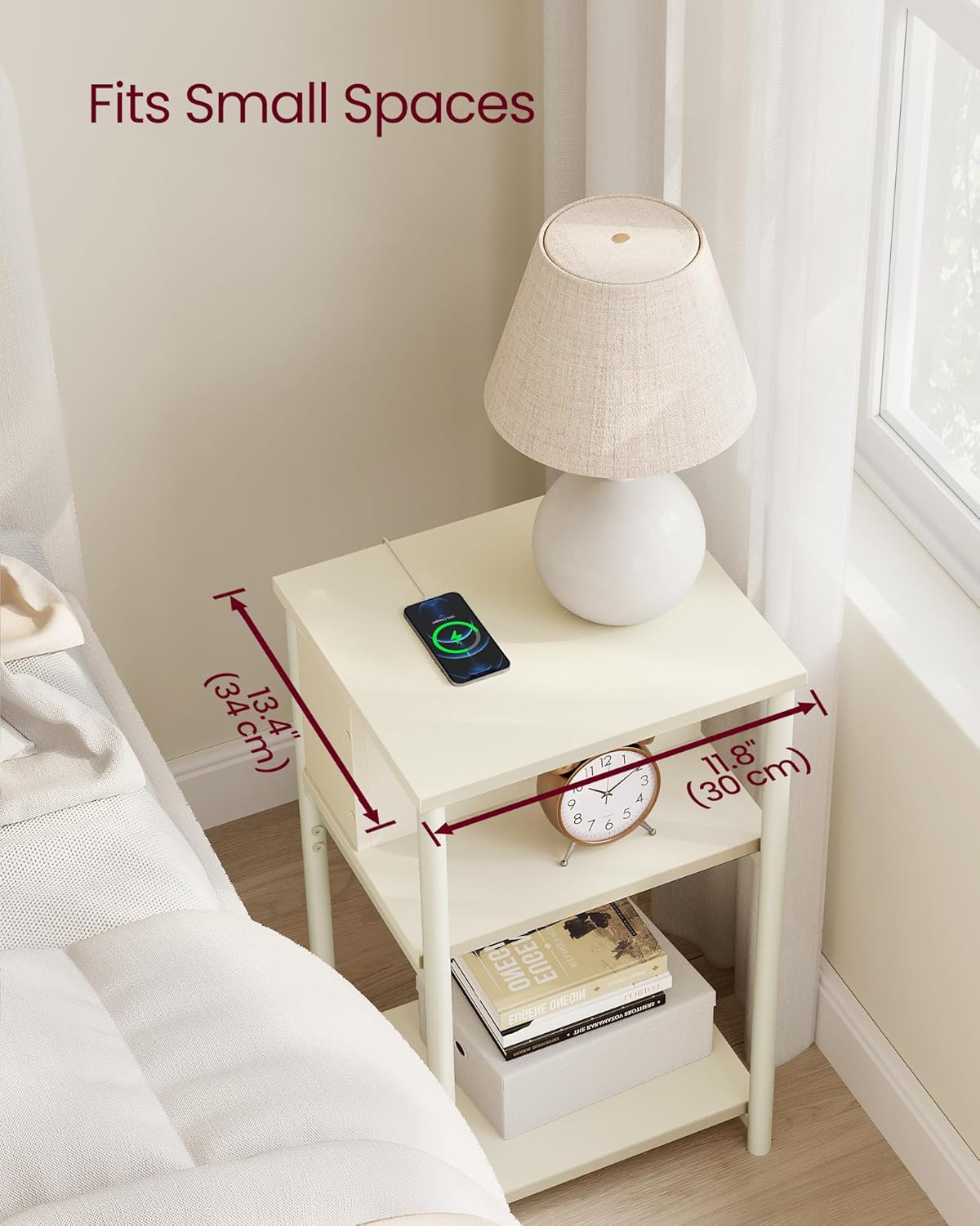 VASAGLE Side Table with Charging Station, 3-Tier End Table with USB Ports and Outlets, Nightstand for Living Room, Bedroom, 11.8 x 13.4 x 22.8 Inches, Plug-in Series, Cream White