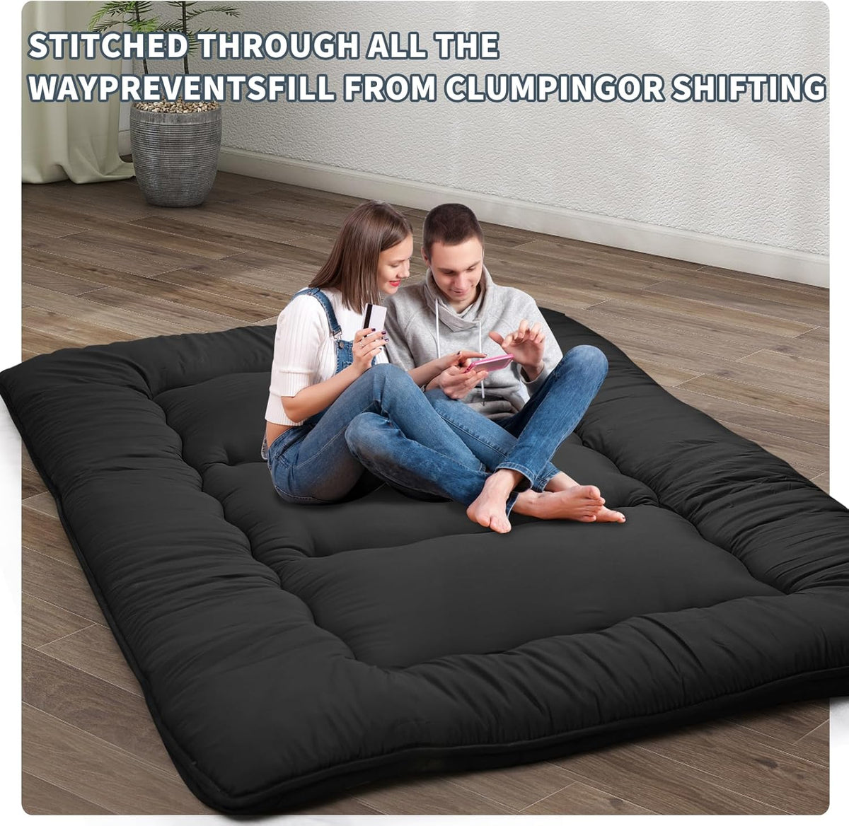 Japanese Floor Mattress,4" Thicken Japanese Floor Sleeping Pad Foldable,Futon Mattress Suitable for Camping and Guest Room (Black, Twin (80" x 36"))