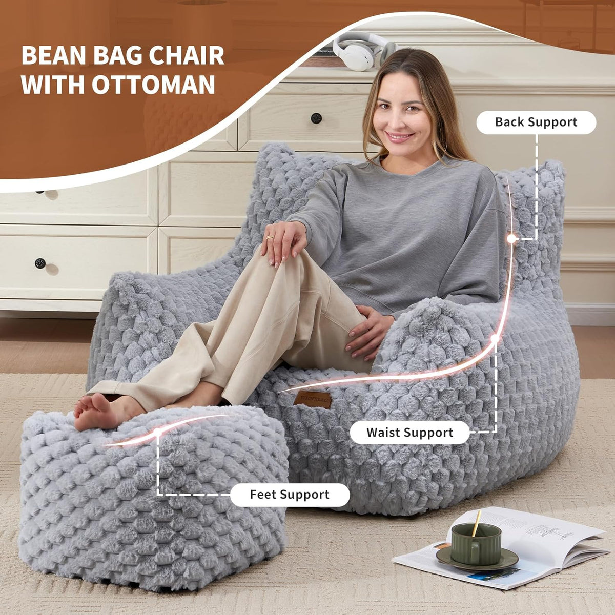 Big Bean Bag Chairs for Adults Cozy Giant Bean Bag Sofa Chair, Gaming Bean Bag Chairs with Foot Rest, Lounge Comfy Chair Indoor for Bedroom, Living Room
