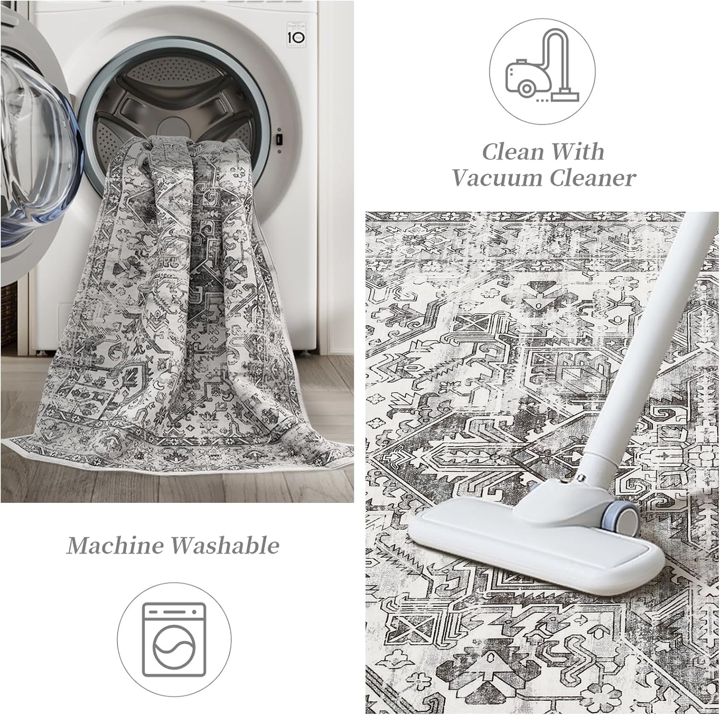 zesthome 5x7 Area Rugs - Ultra-Thin Washble Rug, Stain Resistant Anti Slip Backing Rugs for Living Room,Bedroom, Vintage Home Decor Area Rug (Grey/White,5'x7')