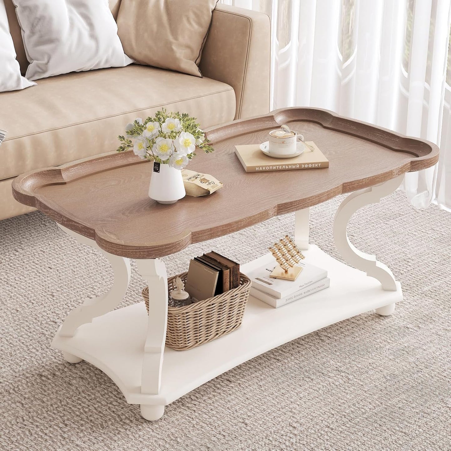 Function Home Farmhouse Coffee Table, Rustic White Cocktail Table with Storage Shelf, Sofa Table with Natural Tray Top and Carved Legs for Living Room Furniture Dining Room, Vintage White