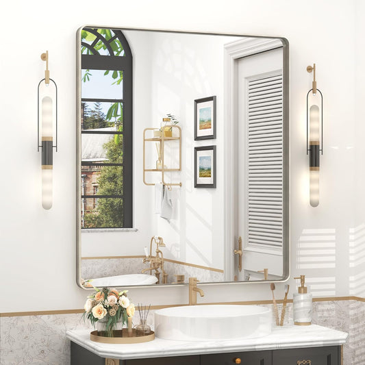 32x36 Inch Brushed Nickel Bathroom Mirror, Brushed Silver Metal Framed Wall Mirror, Rounded Corner Rectangle Modern Vanity Mirror, Tempered Glass, Anti-Rust, Shatterproof (Horizontal/Vertical)
