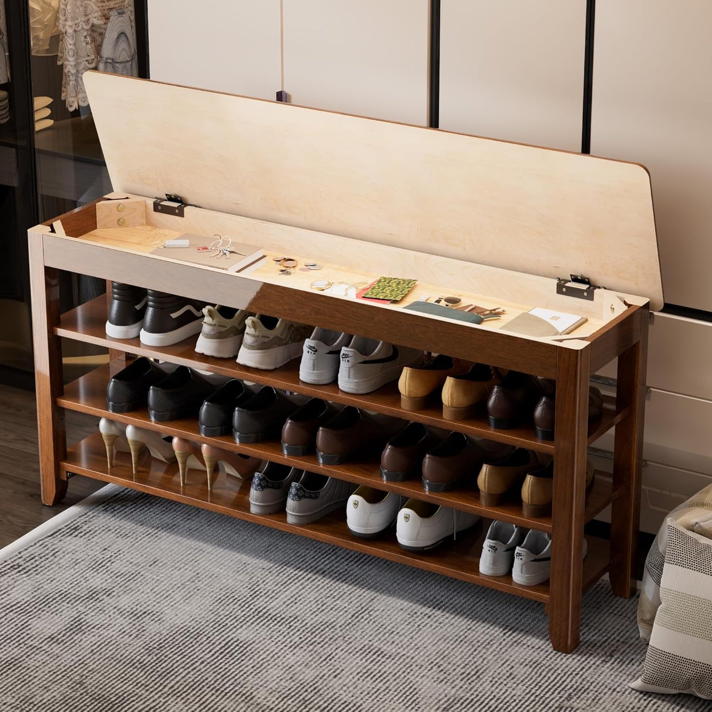 Shoe Storage Bench for Entryway - 4 Tier Shoe Rack for Front Door Entrance, Rubberwood Shoes Rack Height Adjustable, Entryway Bench with Shoes Storage for Any Room (Walnut, 47.2" W)