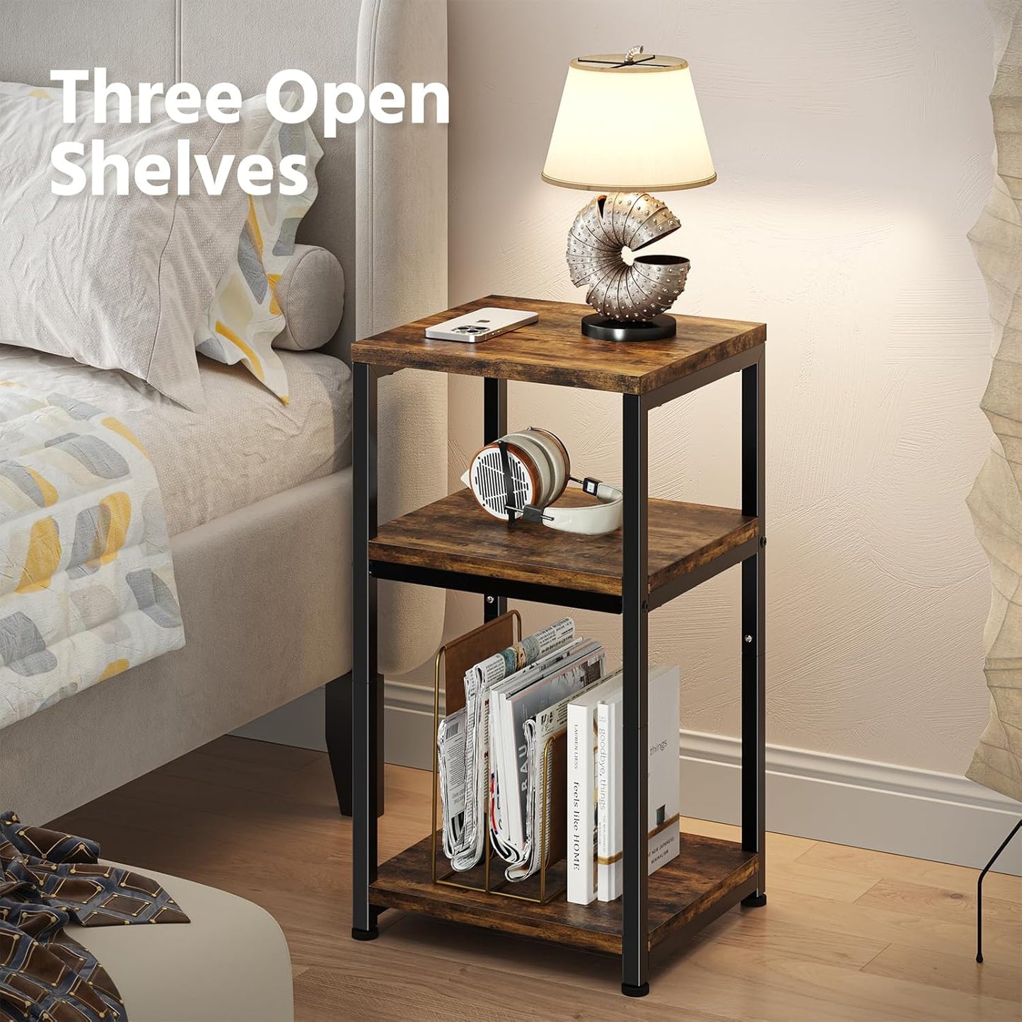 Simple Trending 3 Tier End Table, Side Table Sofa Couch Table for Living Room, Night Stand Storage Shelf, Rustic Brown