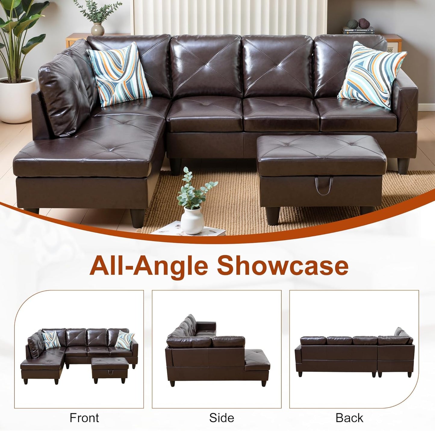 Osparple L Shaped Couch Faux Leather Sectional Couches for Living Room Upholstered 3 Pieces Modular Sectional Sofa with Chaise, Ottoman with Storage for Living Room and Small Apartment, Brown