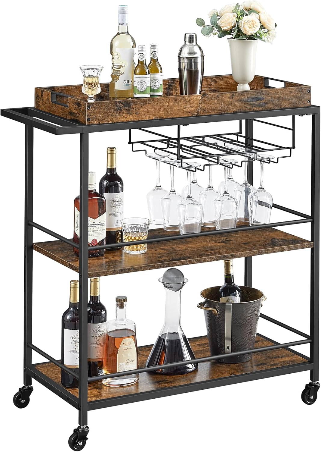 VASAGLE Kitchen Serving Cart with Removable Tray, 3-Tier Kitchen Utility Cart on Wheels with Storage, with Brakes, Leveling Feet, 15.7 x 34.6 x 37.8 Inches, Rustic Brown and Black ULRC093B01