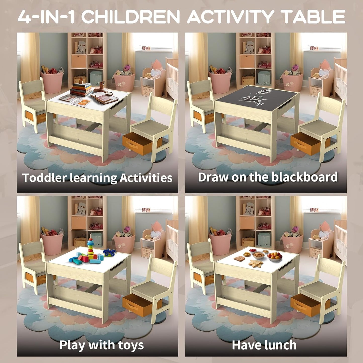 Joyooss Kids Table and Chair Set,4 in 1 Wooden Activity Toddler Table and Chairs Ages 3-7,2 in 1 Tabletop Drawing Reading Crafts Toddler Desk for Playroom,Kid Art Desk for Nursery Storage