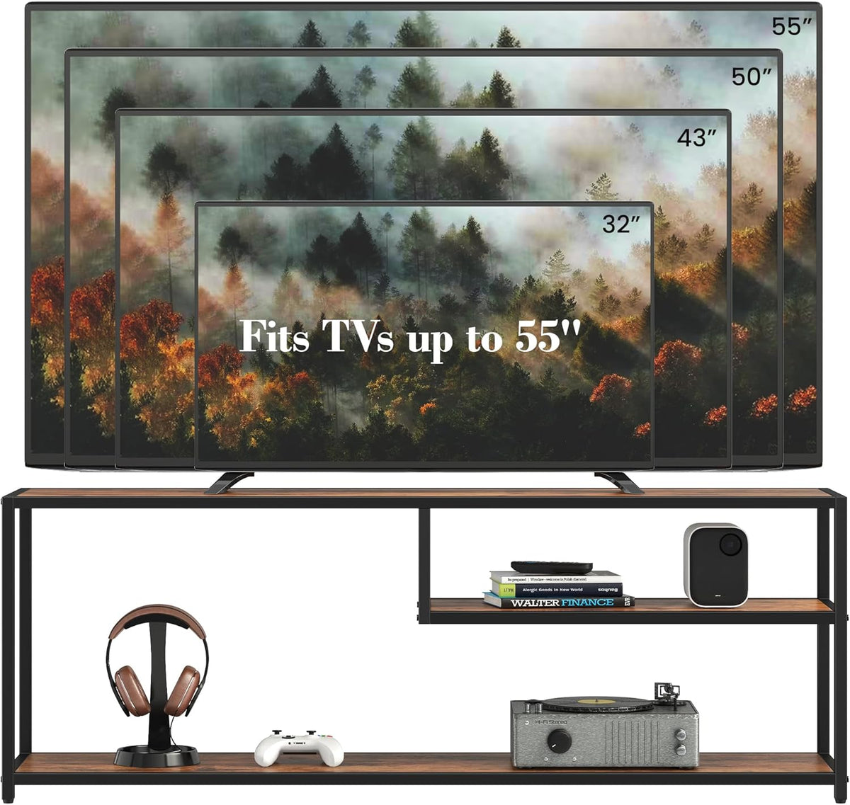 TECHMILLY Modern TV Stand for 55" TV, TV Table with Storage Shelves, Entertainment Center with Metal Frame, TV Console Table for Living Room, Bedroom, Rustic Brown