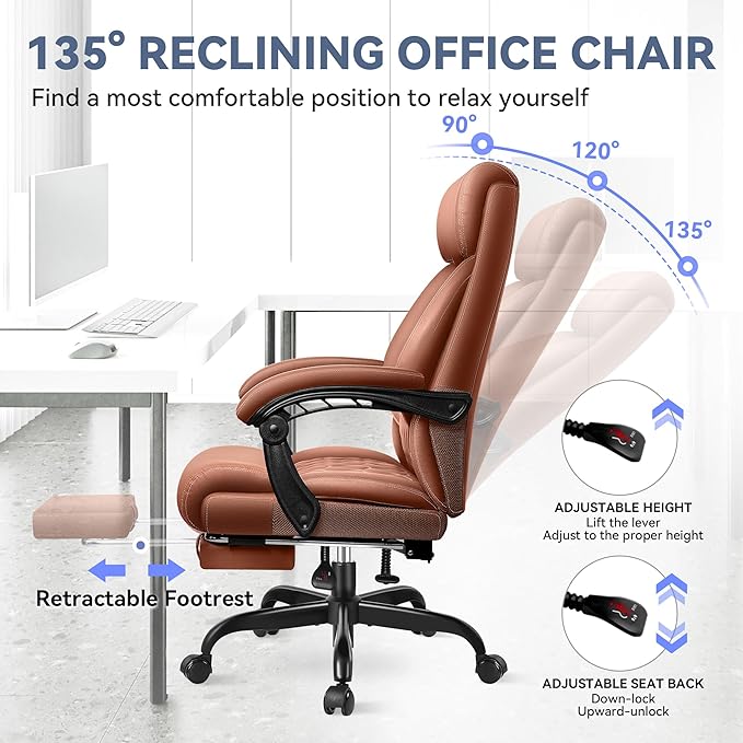 Office Chair, Big and Tall Office Desk Chair, Reclining Office Chair with Footrest Home Office Desk Chairs, High Back Ergonomic with Lumbar Support, Executive Leather