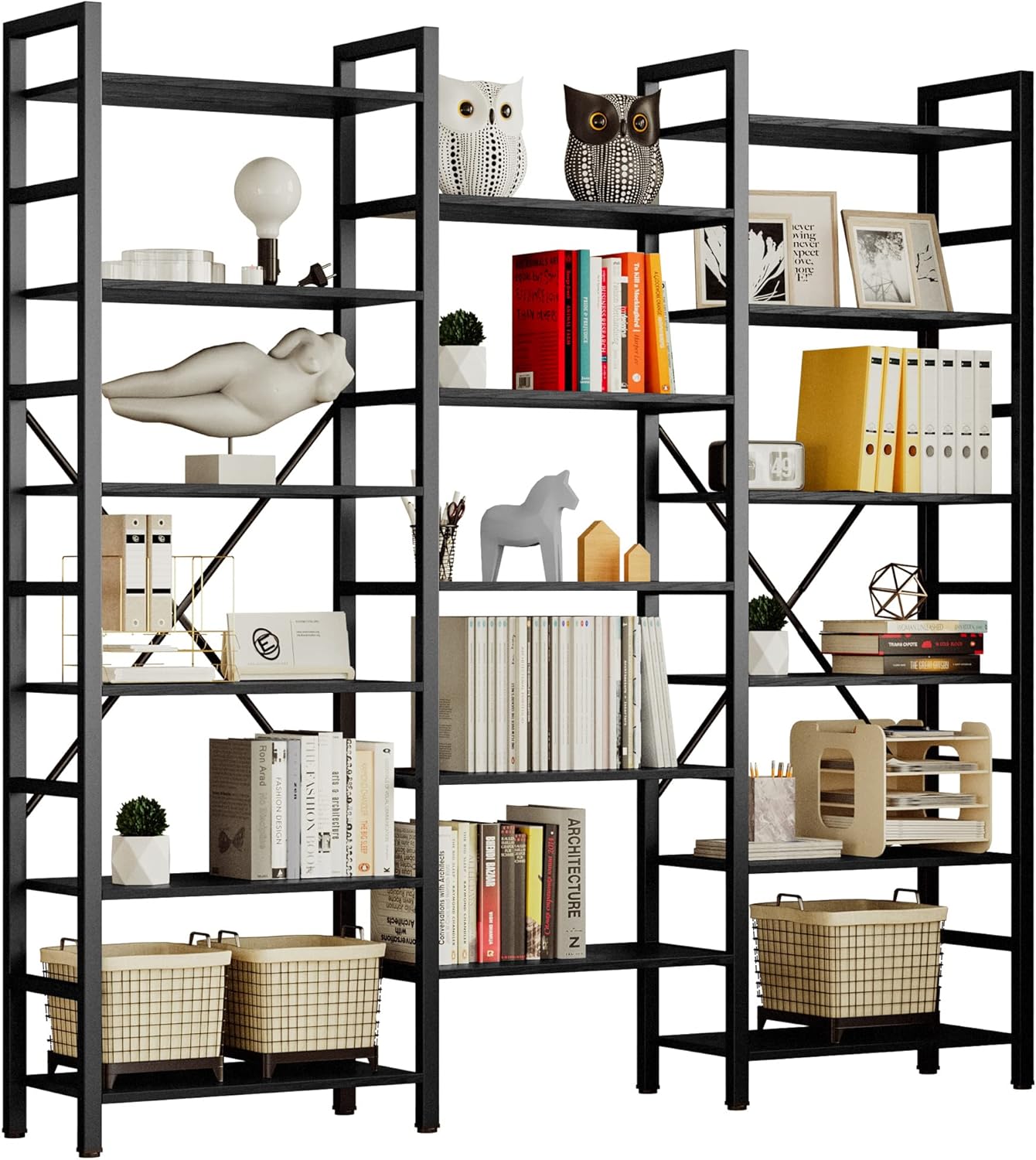 IRONCK Bookshelves 6 Tiers Triple Wide Industrial Bookshelf, Large Etagere Bookshelf Open Display Shelves with Metal Frame for Living Room Bedroom Home Office