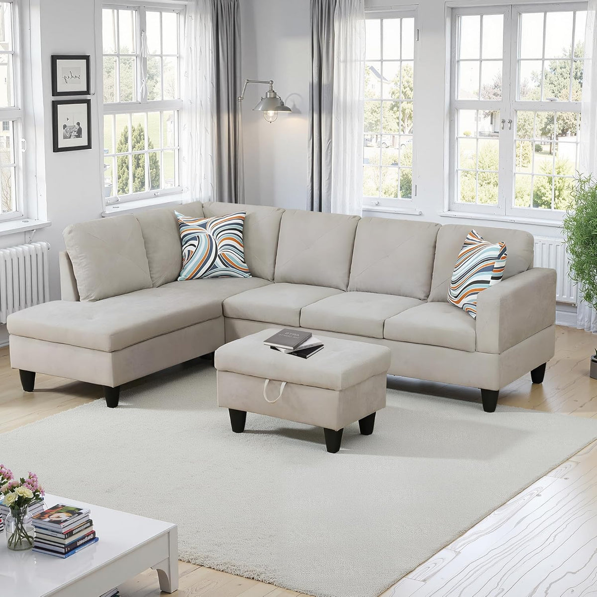 NicBex Sectional Couch 3 Pieces Sofa Set with Right Chaise Flannel L Shaped Cloud Couch for Living Room Furniture Sets with Storage Ottoman, Modular Sofa for Living Room & Apartment, Off-White