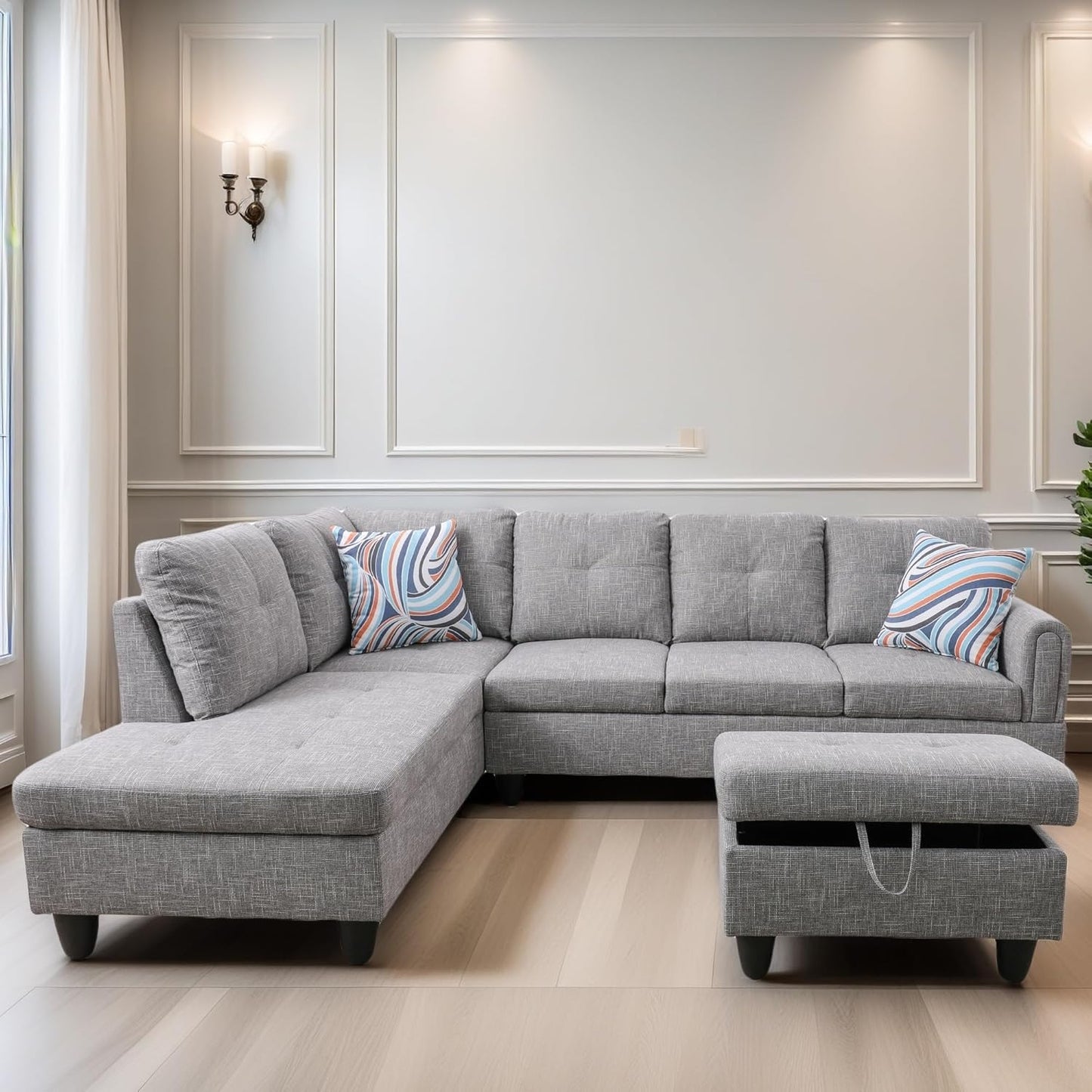 L Shaped Sectional Couches for Living Room, Modern Modular Sectional Sofa with Ottoman Storage, Comfy L Shaped Couch with Chaise for Bedroom Apartment Furniture, Gray