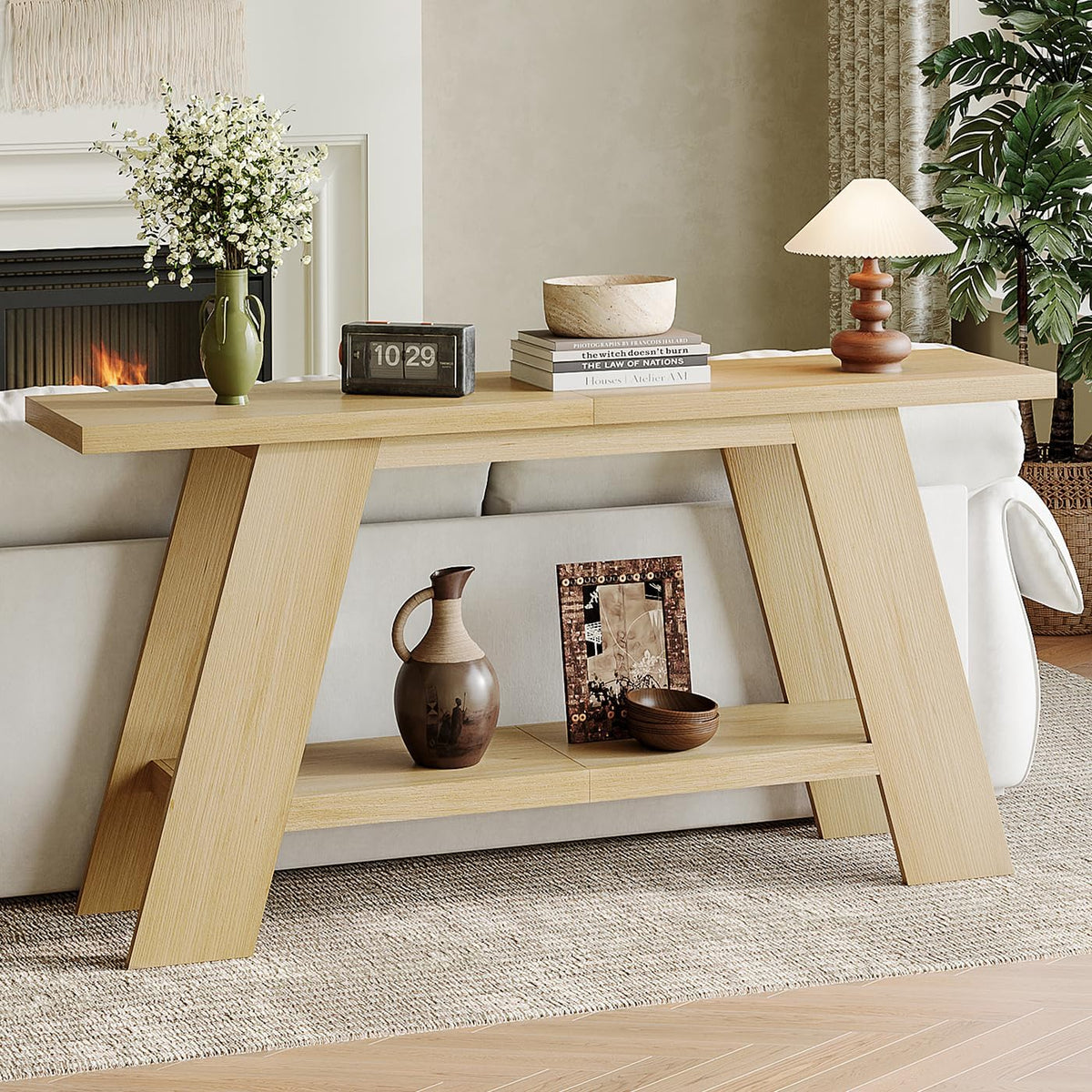 Treocho 63 Inch Long Console Tables for Entryway, 2-Tier Modern Wood Sofa Table with Shelf Behind Couch, Contemporary Narrow Entryway Table for Living Room, Hallway, Entrance, Hallway, Entrance, Oak